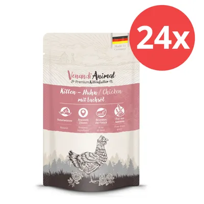 Venandi Animal Premium karma dla kociąt, kurczak z olejem z łososia, naturalna, regionalne składniki, dużo mięsa, bez zbóż, wyprodukowano w Niemczech, opakowanie 24x. Venandi Animal Premium karma dla kociąt, kurczak z olejem z łososia, naturalna, regionalne składniki, dużo mięsa, bez zbóż, wyprodukowano w Niemczech, opakowanie 24x.