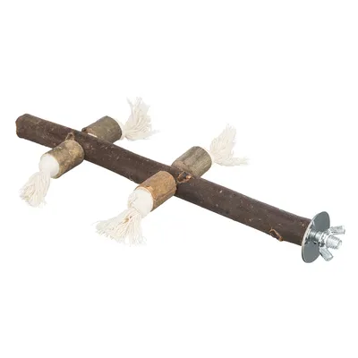 Perchoir en bois naturel avec quatre cordes en coton et fixation métallique visible à une extrémité.