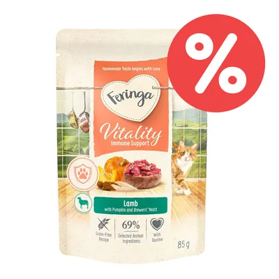 Feringa Vitality Immune Support, Lamm mit Kürbis und Bierhefe, getreidefrei, 69% tierische Zutaten, mit Taurin, 85g. Prozentzeichen für Rabatt sichtbar.