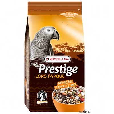 Opakowanie Versele-Laga Prestige Loro Parque African Parrot Mix z mieszanką ziaren, zdjęcie papugi, tekst: Optimal Freshness, logo Loro Parque Fundación.