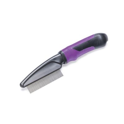 Pettine per la cura del pelo lilla e nero con denti metallici fini e manico ergonomico per una cura precisa.