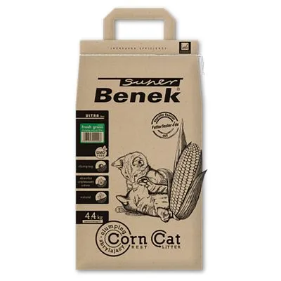 Verpakking Super Benek Corn Cat kattenbakvulling, 4,4 kg, met tekening van kat en maïskolf. Tekst: fresh green, klontvormend, absorberend, natuurlijk, GMO free.