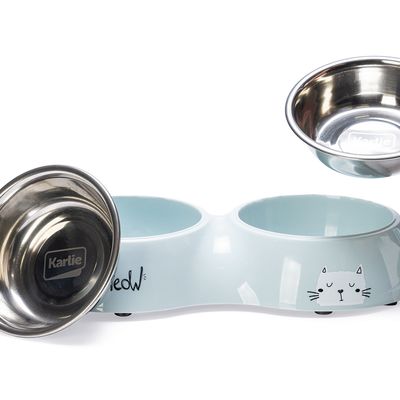 Dobbelt madskål i rustfrit stål med lysegrøn holder, teksten 'Meow' og kattemotiv. Velegnet til foder og vand.