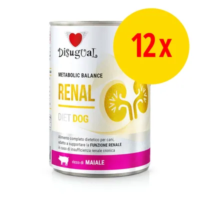 Disugual Metabolic Balance Renal Diet Dog, lot de 12 boîtes. Texte en italien : alimento completo dietetico per cani, funzione renale, ricco di maiale.