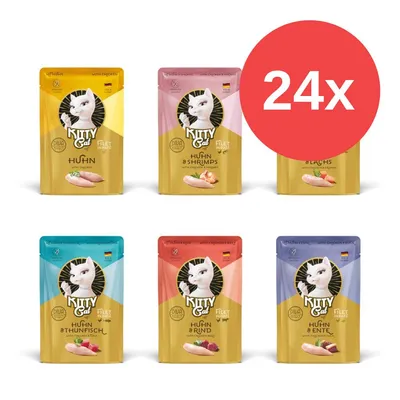 Kitty Cat Filet en sauce, 24 sachets portions avec différentes saveurs : poulet, poulet & crevettes, saumon, poulet & thon, poulet & bœuf, poulet & canard.