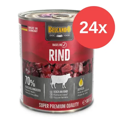 Belcando Dog Food Baseline Rind, Made in Germany, 70% Fleisch & Innereien, reich an Rind, mit Distelöl. Super Premium Qualität, 800g Dose, Packung mit 24 Stück.