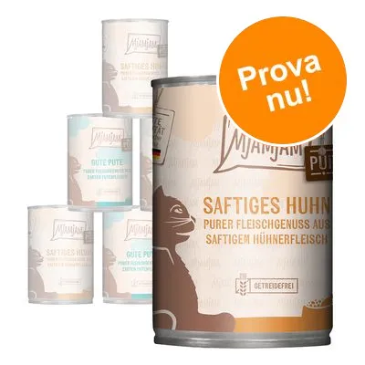 MjAMjAM burkar med texten 'SAFTIGES HUHN' och 'GUTE PUTE', synlig kattillustration samt orange cirkel med texten 'Prova nu!'. Text på tyska. Metallburkar.