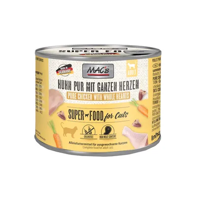 MAC's Huhn pur mit ganzen Herzen, Pure chicken with whole hearts, Super Food for Cats, Made in Germany, grainfree, high meat content, aliment complet pour chats adultes, boîte jaune