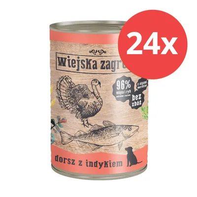 Wiejskia Zagroda Nassfutter für Hunde, Dorsch mit Truthahn, 96% Fleisch und Fisch, ohne Getreide, 24x Dose.