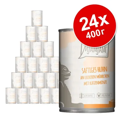 24 консерви по 400 г MjAMjAM Saftiges Huhn an leckeren Möhrchen mit Katzenminze, етикет на немски език, изображение на котка върху опаковката.