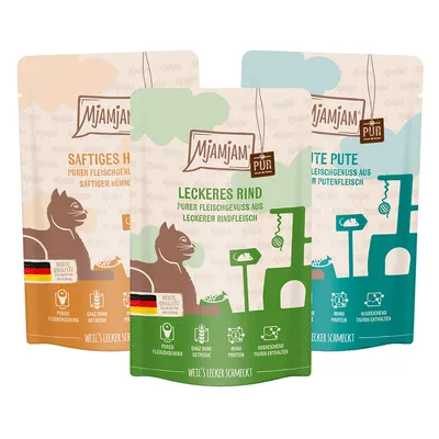 Poches MjAMjAM pour chat : Saftiges Huhn, Leckeres Rind, Feine Pute. Texte en allemand, icônes purer Fleischgenuss, sans céréales, mono protéine, taurine suffisante, drapeau allemand.