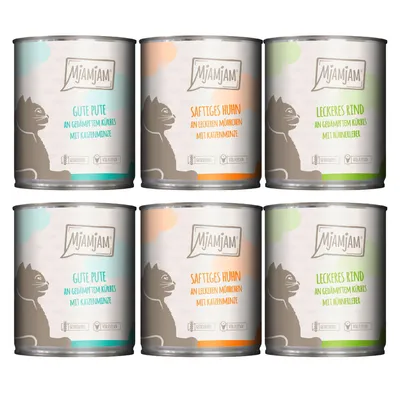 6 lattine MjAMjAM per gatti: Gute Pute an gedämpftem Kürbis mit Katzenminze, Saftiges Huhn an leckeren Möhrchen mit Katzenminze, Leckeres Rind an gedämpftem Kürbis mit Hühnerleber. Testo in tedesco.