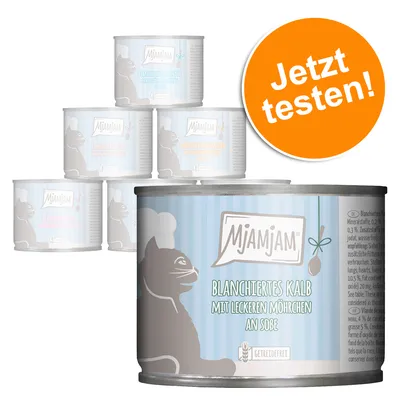 Lot de 6 boîtes MjAMjAM, texte visible : Blanchiertes Kalb mit leckeren Möhrchen an Soße, Getreidefrei. Pastille orange avec texte allemand : Jetzt testen!