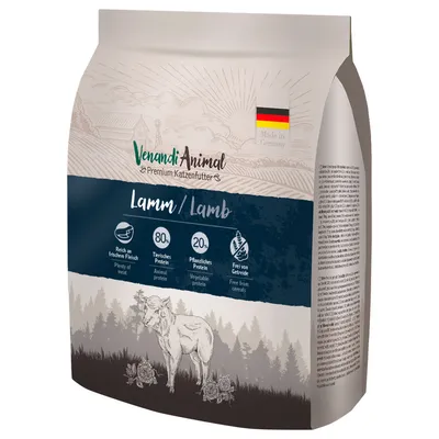 Venandi Animal Premium храна за котки агнешко. Богата на прясно месо, 80% животински протеин, 20% растителен протеин, без зърнени храни. Made in Germany.