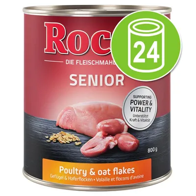 Rocco Senior blikvoer 800g, smaak: gevogelte & haverflocken. Tekst: Supporting Power & Vitality. Verpakking toont 24 stuks icoon.