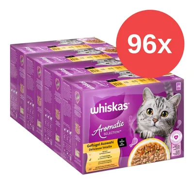 Whiskas Aromatic Selection selección de aves en salsa, 96 sobres. El envase muestra un gato y un cuenco con comida húmeda. Whiskas Aromatic Selection selección de aves en salsa, 96 sobres. El envase muestra un gato y un cuenco con comida húmeda.