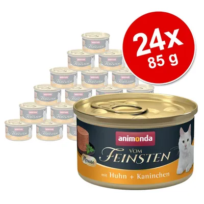 Lot de 24 boîtes animonda Vom Feinsten mousse pour chat, saveur Huhn + Kaninchen, 85 g chacune. Texte visible : 24x 85 g. Lot de 24 boîtes animonda Vom Feinsten mousse pour chat, saveur Huhn + Kaninchen, 85 g chacune. Texte visible : 24x 85 g.