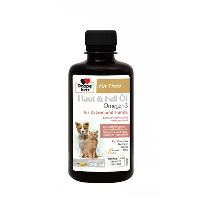 Doppelherz für Tiere Haut & Fell Öl Omega-3 pour chats et chiens, 250 ml. Texte visible : huile de saumon, bourrache, onagre, curcuma, biotine, zinc. Recette testée vétérinairement.