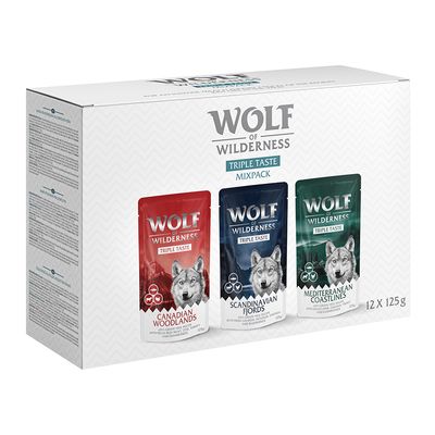 Blandpack: Wolf of Wilderness våtfoder 12 x 125 g Triple Taste portionspåse: Beef, Fish, & Turkey, Chicken, Salmon & Reindeer, Lamb, Chicken & Trout)