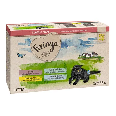 Feringa Classic Meat Kitten, 12 x 85g. Varieties: turkey with pumpkin & catnip, rabbit & chicken with potatoes & dandelion, salmon & chicken with broccoli & parsley, veal & chicken.