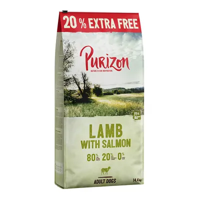Purizon Adult Dogs kuivaruoka, maku Lamb with Salmon, 14,4 kg. 80 % eläinperäisiä ainesosia, 20 % vihanneksia ja hedelmiä, 0 % viljaa. 20 % extraa ilmaiseksi.