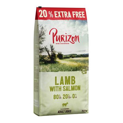20% подарък! 12 кг + 2,4 кг!  14,4 кг Purizon суха храна за кучета Adult агнешко и сьомга, без зърно