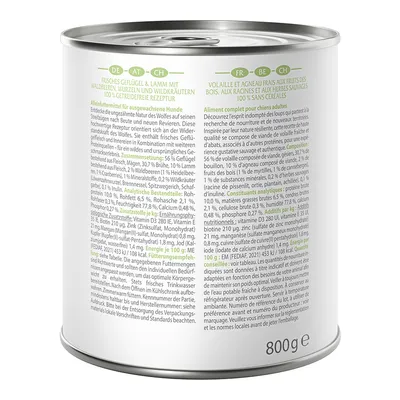 Conservă cu inscripția: Fructe de pădure, rădăcini și ierburi sălbatice cu carne proaspătă de pasăre și miel. Rețetă 100% fără cereale. Conținut: 800g. Compoziție și recomandare de hrănire vizibile.