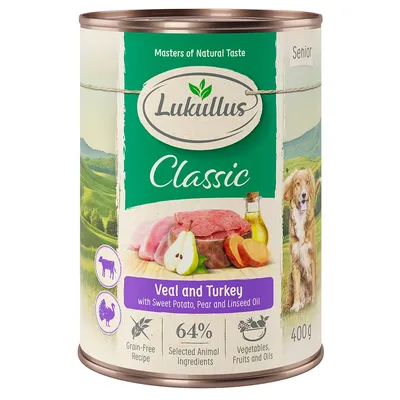Lukullus Senior Vițel & curcan cu cartofi dulci, pere și ulei de in - 6 x 400 g
