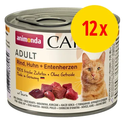 Konzerva animonda Carny Adult Rind, Huhn + Entenherzen, 12×. Text: 100% frische Zutaten, Ohne Getreide, Made in Germany. Obrázek kočky a masa na etiketě.