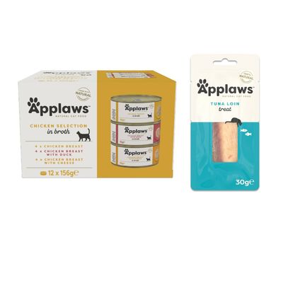 Chicken selection in broth, 12 cans of 156g each: 4 chicken breast, 4 chicken breast with duck, 4 chicken breast with cheese. Made with natural ingredients.