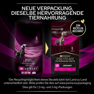 Purina Pro Plan Veterinary Diets UR Urinary. Neue Verpackung, dieselbe hervorragende Tiernahrung. Zum Recyceln bestimmt. Gilt für 1,3-kg und 3-kg-Packungen.