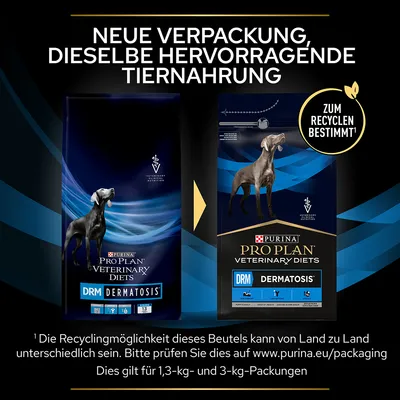 Новая упаковка для Purina Pro Plan Veterinary Diets DRM Dermatosis. Для переработки. Возможности переработки зависят от страны. Для упаковок 1,3 кг и 3 кг.