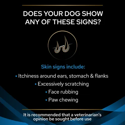 Tekst: Does your dog show any of these signs? Skin signs include: Itchiness around ears, stomach & flanks, excessively scratching, face rubbing, paw chewing. Veterinarian’s opinion recommended.