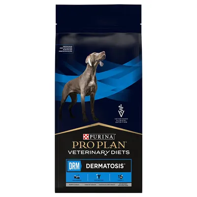 Purina Pro Plan Veterinary Diets DRM Dermatosis hundfoder, förpackning med bild på hund och text: Skin Support, Low Antigen, Omega 3. Synlig logotyp: Veterinary Clinical Nutrition.