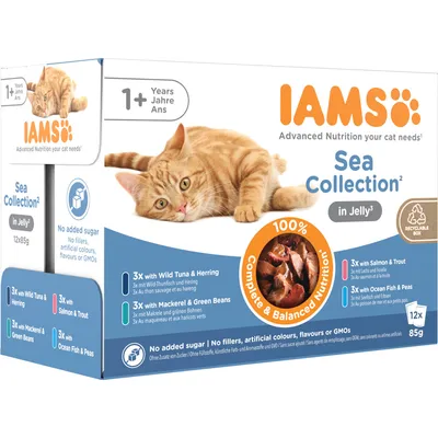 IAMS Sea Collection u želeu za mačke starije od 1 godine, 12x85 g. Okusi: tuna i haringa, skuša i zelene mahune, losos i pastrva, riba i grašak. Bez dodanog šećera, umjetnih boja i aroma.