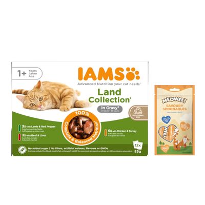 12 x 85 g IAMS Advanced Nutrition + 8 x 14 g Meowee! Savoury Spoonables gratis!