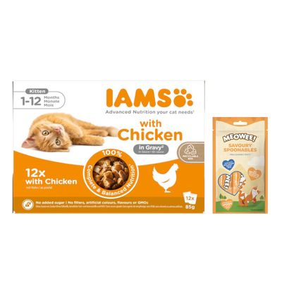 12 x 85 g IAMS Advanced Nutrition + 8 x 14 g Meowee! Savoury Spoonables gratis!