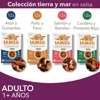 Colección tierra y mar en salsa IAMS para gatos adultos 1+ años: 12x atún y guisantes, 12x pollo y pavo, 12x salmón y bacalao, 12x cordero y pimiento rojo. 99% proteína animal.