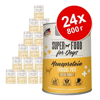 24 консерви по 800 г Super Food for Dogs Monoprotein Frische Pute. Видими надписи: Grainfree, Allergy Care, 93% Turkey, Made in Germany, Complete food for adult dogs.
