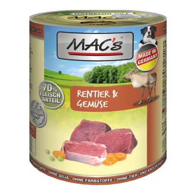 Conservă MAC's Rentier & Gemüse, 70% Fleischanteil, Made in Germany, imagine cu carne, legume și ren. Text în germană pe ambalaj: fără cereale, fără soia, fără coloranți.