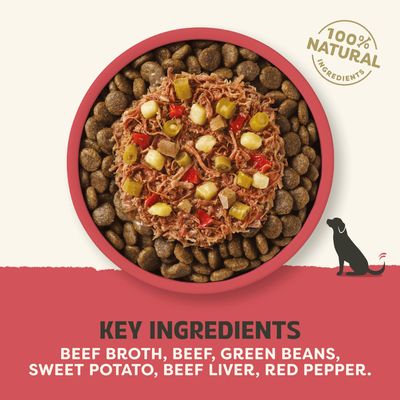 100% naturlige ingredienser. Hovedingredienser: oksebouillon, oksekød, grønne bønner, sød kartoffel, okselever, rød peberfrugt.