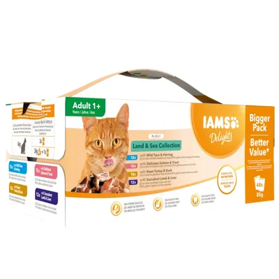 IAMS Delights Land & Sea Collection para gatos a partir de 1 ano. 48x85g com atum, arenque, salmão, truta, peru, pato, cordeiro e fígado em gelatina.