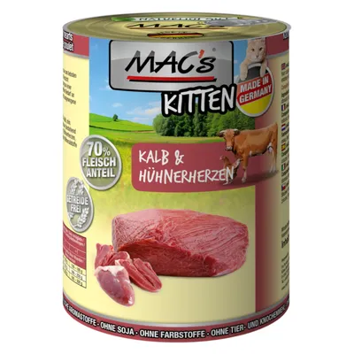 Conservă MAC's Kitten, text vizibil: 70% Fleisch Anteil, Kalb & Hühnerherzen, Getreidefrei, Made in Germany. Imagine carne de vițel și inimi de pui pe etichetă.