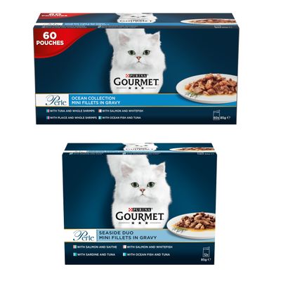 60 x 85g Gourmet Perle Wet Cat Food + 12 x 85g Gourmet Wet Cat Food Free! * Ocean Collection in Gravy (60 x 85g) + Seaside Duo in Gravy (12 x 85g)