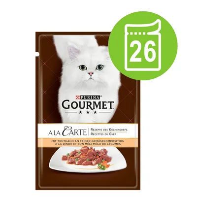 Purina Gourmet A La Carte kalkkunalla ja hienolla vihannesyhdistelmällä. Keittiömestarin reseptit. Pakkaus, jossa vihreä symboli ja numero 26.