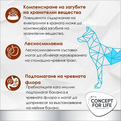 Concept for Life: Електролитите компенсират загубата на хранителни вещества, лесно смилаемите добавки облекчават храносмилането, инулинът подпомага баланса на чревната флора.