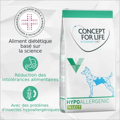 CONCEPT FOR LIFE Veterinary Diet Hypoallergenic Insect, aliment diététique pour chien, réduction des intolérances alimentaires, protéines d'insectes hypoallergéniques, 1 sac visible. CONCEPT FOR LIFE Veterinary Diet Hypoallergenic Insect, aliment diététique pour chien, réduction des intolérances alimentaires, protéines d'insectes hypoallergéniques, 1 sac visible.