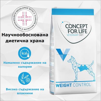 CONCEPT FOR LIFE Veterinary Diet Weight Control, научно обоснована диетична храна, намалено съдържание на калории, високо съдържание на фибри, разработена с експерти.
