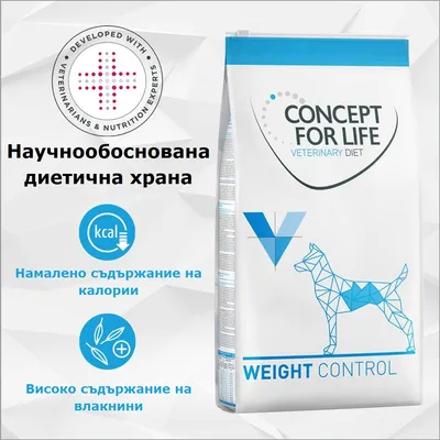 CONCEPT FOR LIFE Veterinary Diet Weight Control, научно обоснована диетична храна, намалено съдържание на калории, високо съдържание на фибри, разработена с експерти.