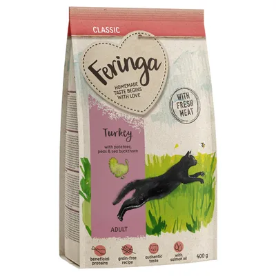 Feringa Classic Adult корм для кошек с индейкой, картофелем, горохом и облепихой. Беззерновой рецепт, свежее мясо, с лососевым маслом. Упаковка: 400 г.
